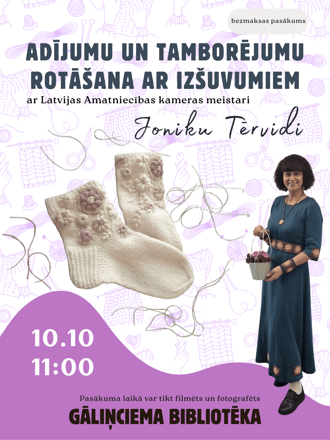 Nodarbība “Adījumu un tamborējumu rotāšana ar izšuvumiem” Gāliņciema bibliotēkā